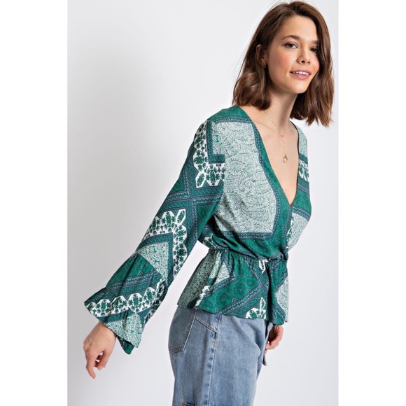 Easel Tropical Green Printed Surplice Overlap Front Peplum Elastic Ruffle Top - Picture 3 of 9